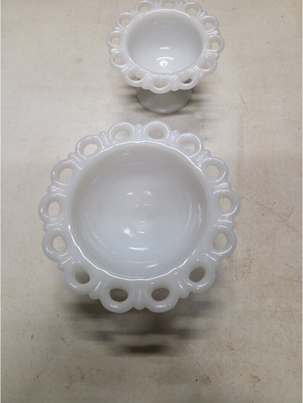 Anchor Hocking Old Colony Milk Glass Compotes Lace Edge Set of 2 Vintage
